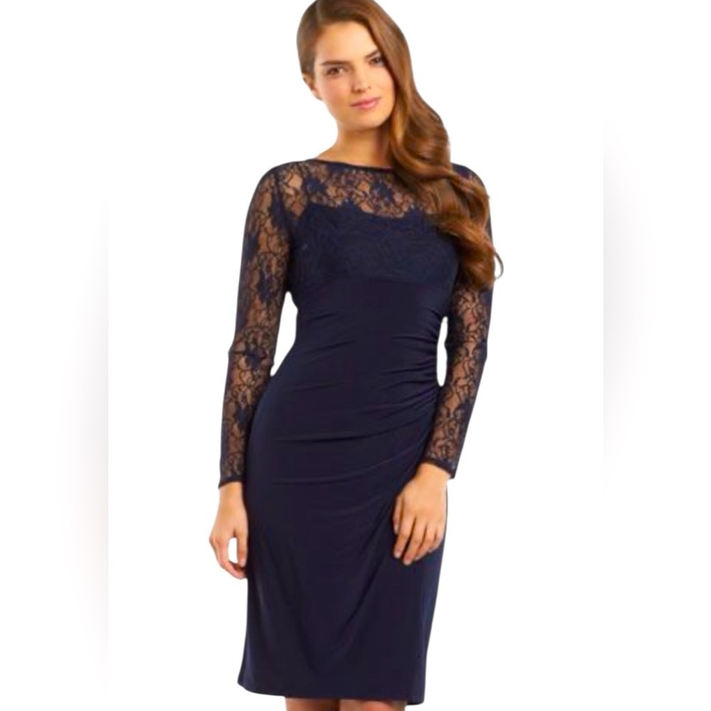 Chaps Navy Long Sleeve Lace Dress